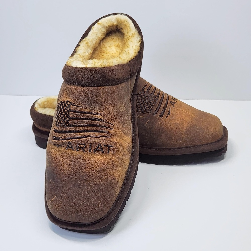 Ariat Shoes Mens Size 10 Brown Leather Faux Fur Mule Slippers Flag AR2692-200